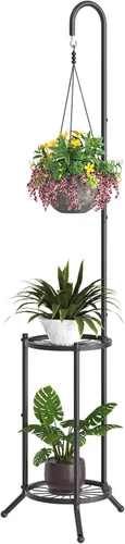 Miniatura 10 de BMOSU Soporte para plantas con ganchos para interiores y exteriores, soporte alto de metal resistente de 3 niveles para plantas, para patio, jardín