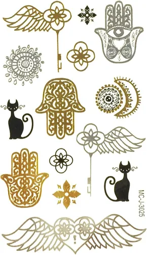 Miniatura 35 de Wrapables Tatuajes temporales inspirados en celebridades en oro metálico, plata y negro, grandes, alas de ángel_1