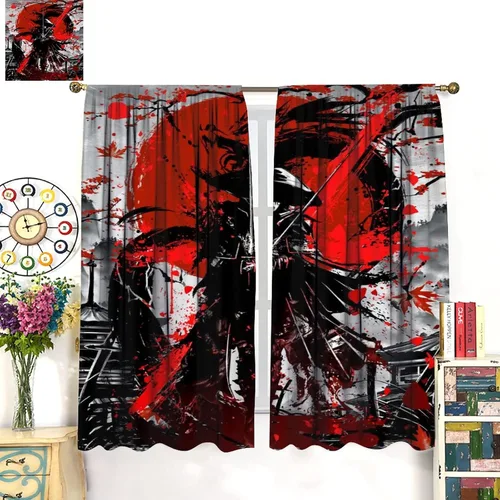 Miniatura 3 de Cortinas opacas con temática japonesa para dormitorio, acuarela, anime, samurái y dragón, flores de cerezo, cortinas de ventana con bolsillo
