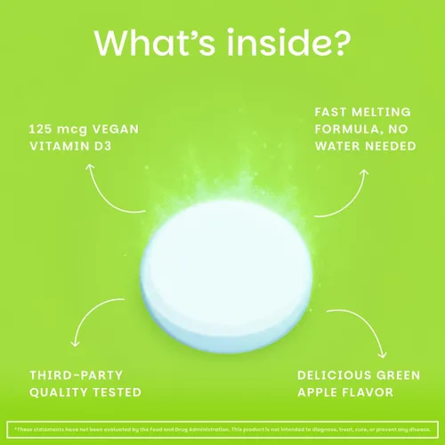 Miniatura 4 de EZ Melts D3, 5000 IU, vitaminas solubles, cero azúcar, sabor natural a manzana, libre de GMO, pastillas de disolución rápida, salud ósea e