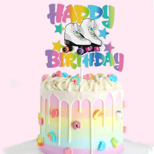 Miniatura 3 de Patín de ruedas Happy Birthday Cake Topper para niñas, retro, colorido, hip hop, tema, fiesta, decoración de tartas, suministros para rodar