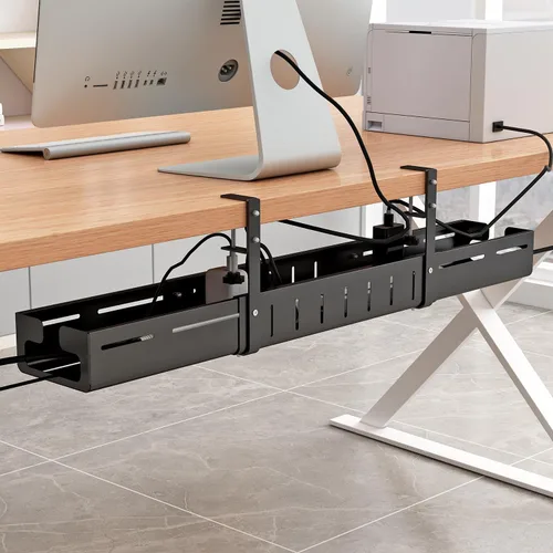 Bandeja de organización de cables para debajo del escritorio, longitud expandible de 25.2 a 38.6 pulgadas, sin taladros, sin daños al escritorio,