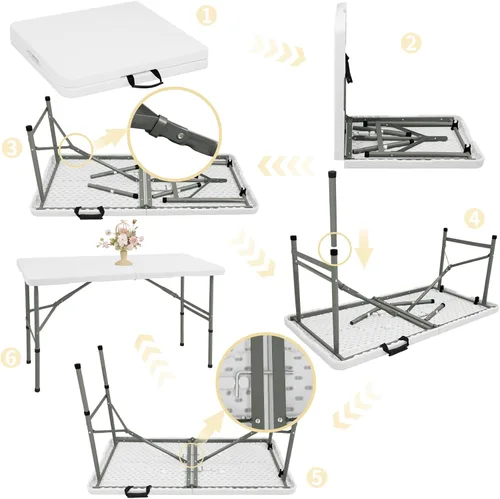 Miniatura 5 de Mesa plegable de 4 pies, mesa de camping portátil de plástico resistente, rectangular, mesa de comedor al aire libre, patas de acero plegable por