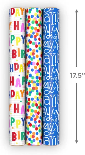 Miniatura 4 de Hallmark Mini rollos de papel de regalo de cumpleaños, paquete de 3 (lunares arcoíris y letras, Yay azul y blanco) para fiestas infantiles