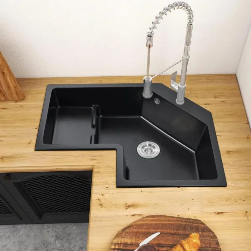 Miniatura 2 de LOVEDIMA Fregadero de cocina de esquina negro de 32 pulgadas, fregadero izquierdo irregular de cuarzo de un solo tazón con tubo de drenaje