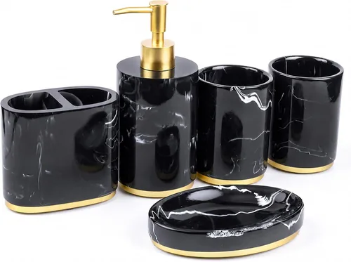 Miniatura 8 de Juego de accesorios de baño de 5 piezas, juego de baño de resina de mármol con dispensador de jabón, soporte para cepillos de dientes, jabonera