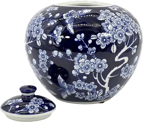 Miniatura 5 de Galt International Tarro Chinoiserie Floral Oscuro Azul de 8" con Tapa, Tarro Decorativo de Jengibre, Centro de Mesa, Tarro de Almacenamiento de Té