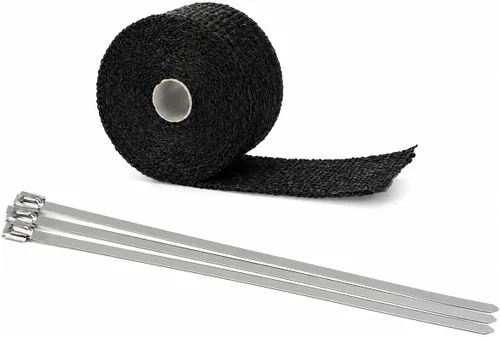 Ucreative Envoltura de cabezal de escape de fibra de vidrio negra de 2 pulgadas x 16.5 pies con 5 bridas de bloqueo de acero inoxidable de 11.8
