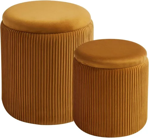 Miniatura 18 de BLEXA Juego de 2 Otomanas Redondas con Almacenamiento - Taburete de Tocador de Terciopelo Tapizado para Maquillaje - Otomanas Multifuncionales
