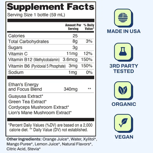 Miniatura 2 de Ethan's Organic Clean Energy Shots Orange Mango, sin azúcar, natural preentrenamiento, refuerzo de concentración sin gluten, vegano, vitamina C B6