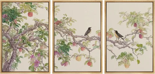 wall26 Lienzo enmarcado para pared, acuarela de rama de árbol frutal con pájaros, botánico, decorativo, minimalista, relajante, zen, para sala de