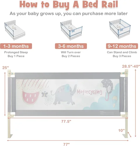 Miniatura 7 de BABY JOY Riel de cama para niños pequeños, 77 pulgadas, extra largo, altura ajustable y plegable, protector de riel de cama de bebé con malla Gris