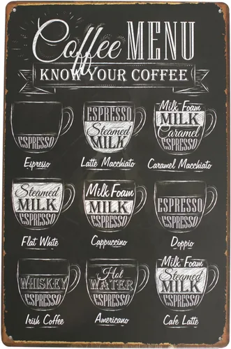 ARTCLUB Cartel de metal con texto en inglés "Coffee Menu Know Your Coffee Latte", placa antigua vintage, decoración de pared para cocina, hogar,