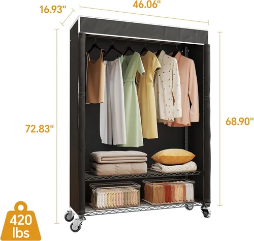 Miniatura 4 de Higeego H4 Plus Perchero Enrollable con Cubierta, Perchero de Ropa Resistente con Ruedas, Closet Portátil para Colgar Ropa, Organizador