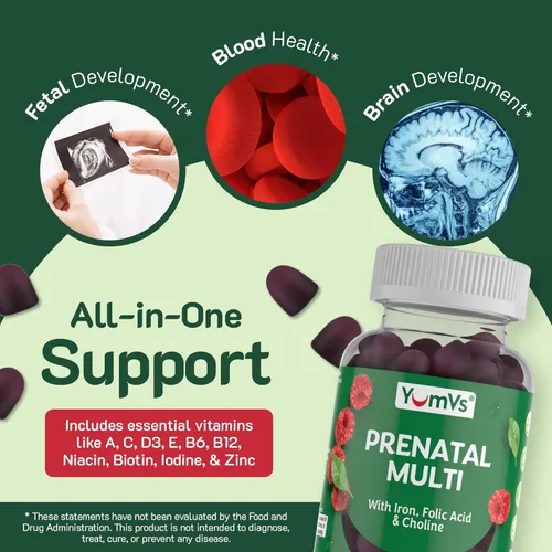 Miniatura 5 de YumVs - Gomitas prenatales para mujer, vitaminas prenatales para mujeres con ácido fólico, hierro y colina, vitaminas vegetarianas y kosher