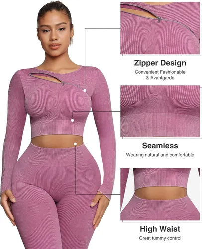 Miniatura 3 de Conjuntos de entrenamiento para mujer, 2 piezas, manga larga, trajes de yoga, gimnasio, sin costuras, acanalados, cintura alta, leggings