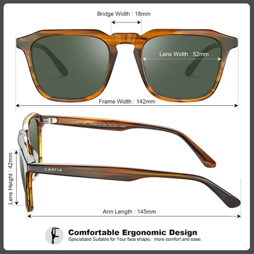 Miniatura 3 de CARFIA Gafas de sol cuadradas para hombre, polarizadas, retro, diseño de los años 60, acetato hecho a mano, protección UV400, lentes de sol geniales