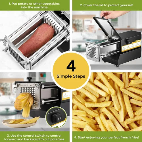 Miniatura 7 de Cortador de patatas fritas eléctrico de acero inoxidable profesional con 2 cuchillas para uso comercial, doméstico y pepinos, zanahorias, batatas