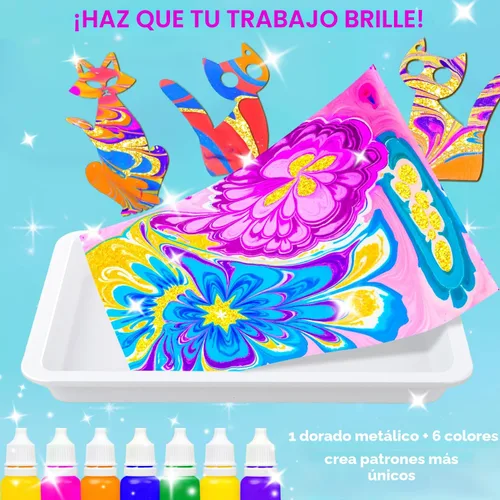 Miniatura 3 de MOMUSE Kit de arte de pintura de mármol para niños con bandejas dobles, toxicología pasada, kit de pintura de mármol de agua dorado metálico, kits