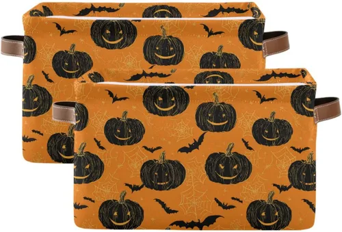 Miniatura 2 de Wusikd Cesta de almacenamiento de Halloween naranja y negra, juego de 1 canasta grande de tela de calabaza y bruja, cubo con asas, plegable, estante