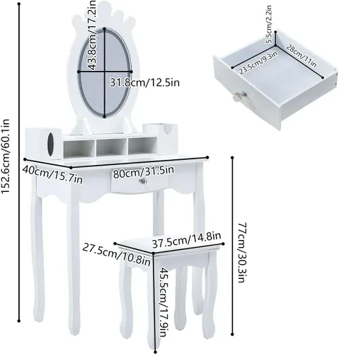 Miniatura 7 de Juego de mesa de tocador de maquillaje con taburete con cajones, espejo iluminado regulable con luz de control de voz y táctil, tocador