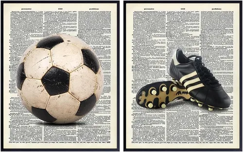 Juego de 2 impresiones de arte mural de diccionario reciclado vintage con pelota de fútbol y zapatos - 8x10 fotos - decoración para el hogar para
