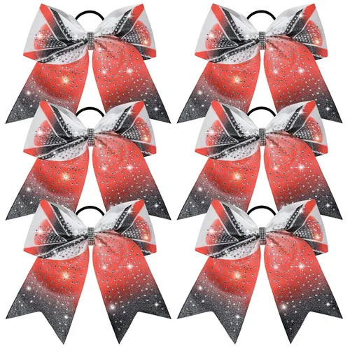 Miniatura 16 de DEEKA 6 lazos grandes de animadora con purpurina de 8 pulgadas con diamantes de imitación completos, lazos para el pelo de animadora coloridos Plata