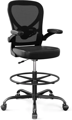 Alolo Silla de dibujo, silla de oficina alta ergonómica con anillo para reposapiés, silla de oficina de cuero ejecutiva para altura de mostrador y