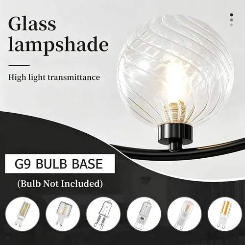 Candelabro moderno negro de 3 cabezales con 3 bombillas de globo de vidrio transparente, lámparas elegantes con detalles negros, luz de techo para