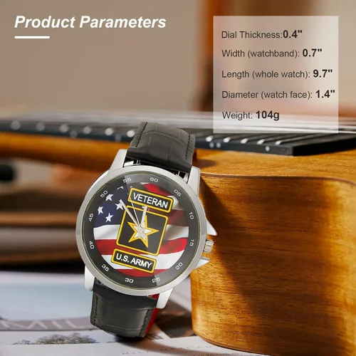 Miniatura 6 de Diseño especial Militar Ejército de los Estados Unidos Veterano y Bandera Americana Personalizada Unisex Acero Inoxidable Correa de Cuero Reloj Caja