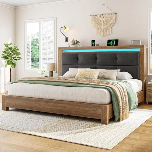 Miniatura 11 de EnHomee Base de cama de tamaño matrimonial con carga USB y tipo C y luces LED, cabecera de almacenamiento tapizada, cama de plataforma de madera