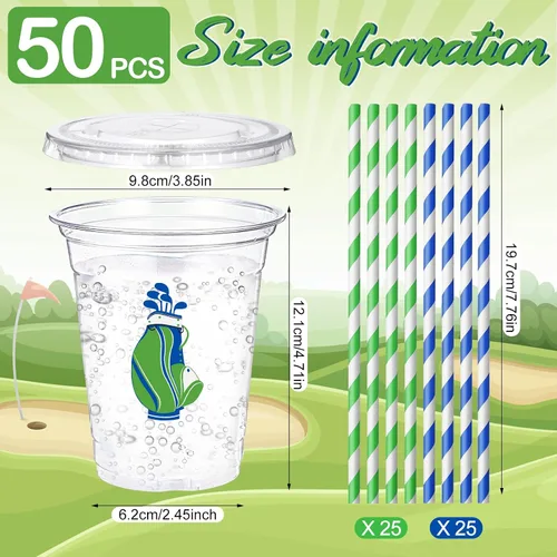 Miniatura 3 de Honeydak Juego de 150 tazas temáticas de golf, 50 tazas desechables transparentes de 16 onzas con 50 tapas y 50 pajitas de papel, regalos de fiesta