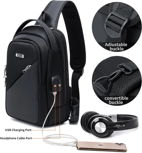 Miniatura 7 de DUSLANG Mochila de hombro para senderismo, bolsa cruzada para hombres, bolsas de pecho con puerto de cargador USB para campamento casual, ciclismo