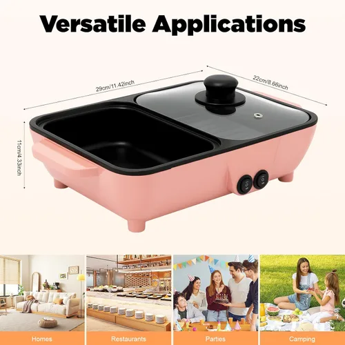 Miniatura 7 de Olla caliente con parrilla, olla caliente eléctrica antiadherente 2 en 1 para interiores y exteriores, control de temperatura independiente, Rosado