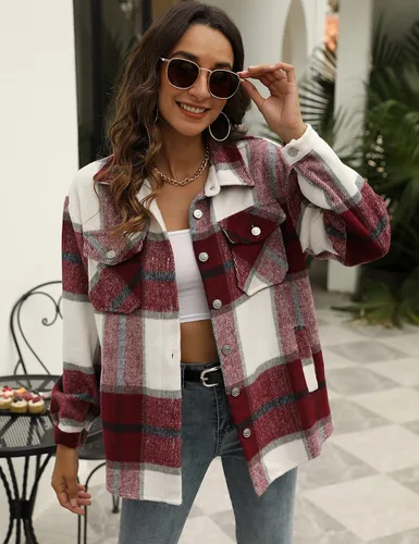 Miniatura 11 de Tanming - Chaquetas de franela cepillada para mujer, a cuadros, con botones, solapas y bolsillos, camisa tipo chaqueta