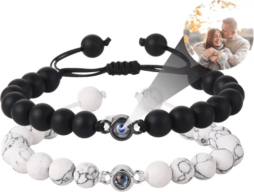 EMIRISTIC Pulsera de fotos personalizada, pulsera de cadena cubana de piedra natural con imagen personalizada, regalo para cualquier día especial