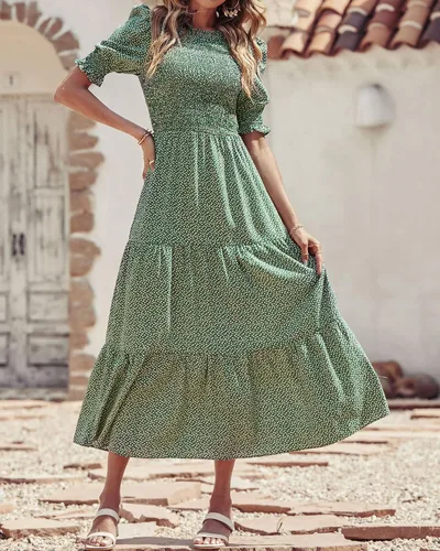 Miniatura 16 de BTFBM Vestidos para mujer, cuello redondo, casual, de verano, con volantes, manga corta, bohemio, con niveles, fruncido, largo, con estampado floral