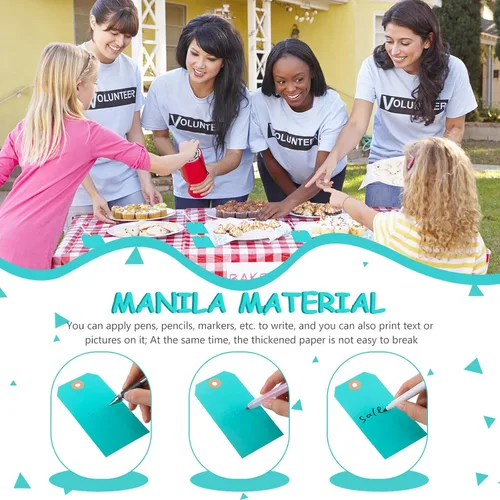 Miniatura 6 de 100 etiquetas de envío de Manila en blanco con inventario de alambre, etiqueta de papel azul para equipaje, etiqueta colgante verde con cuerda