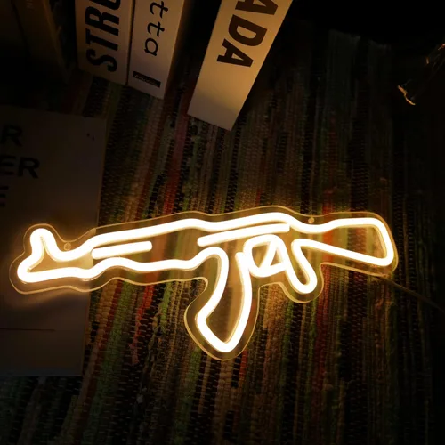 Miniatura 5 de Letrero de neón AK47Gun, arte de pared LED en forma de pistola, luz de neón LED alimentada por USB para decoración de pared en cueva de hombre, sala