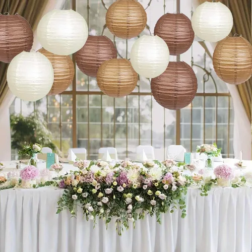 Miniatura 3 de Paquete de 12 linternas de papel marrones, crema, color tostado, colgantes redondas, decorativas para graduación, baby shower, boda, cumpleaños