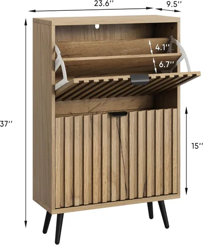 Miniatura 2 de Smuxee Armario de zapatos con 2 cajones abatibles, gabinete de almacenamiento de zapatos oculto natural de 23.6 pulgadas con diseño estriado