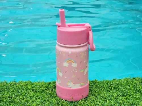 Miniatura 7 de CHILLOUT LIFE Botella de agua aislada para niños de 12 onzas para la escuela con tapa con pajilla, a prueba de fugas y bonitas calcomanías Unicornio