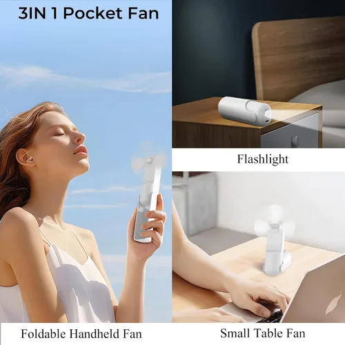 Miniatura 3 de Mini ventilador de mano portátil, 3 en 1, plegable de viaje personal, recargable, con bolsillo, linterna, regalos de cumpleaños para pestañas, Rosa