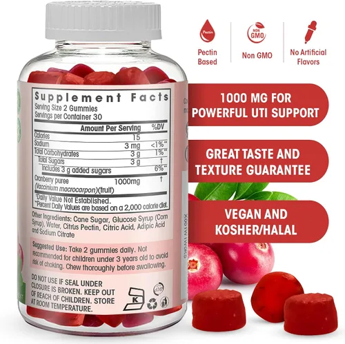 Miniatura 3 de Suplemento de goma de arándano para mujeres, hombres y niños. 1000 mg, vegano, vegetariano, sin gluten, gelatina ni OMG. Kosher y halal. 60