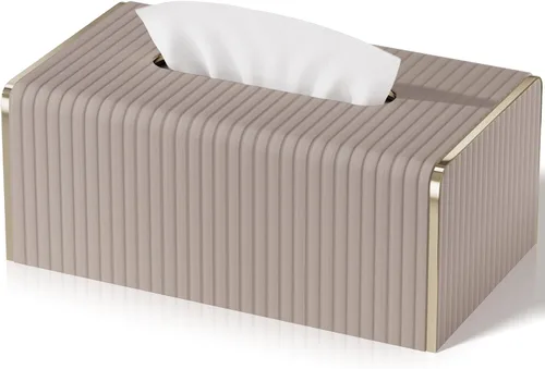 Funda para caja de pañuelos, color beige, rectangular, de cuero, con detalles de bordes dorados, fundas de pañuelos decorativas para baño, inodoro,