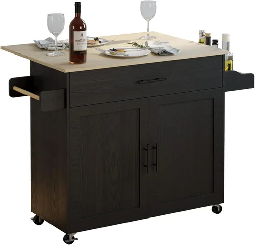 IRONCK - Mesa de isla de cocina rodante con ruedas, hoja abatible, gabinete de almacenamiento, cajón, estante para especias/toallas, carro de Negro