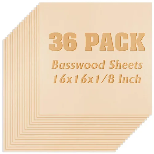 Miniatura 9 de Paquete de 36 hojas de tilo, tablero de madera contrachapada de 1/8 pulgadas, madera sin acabar, madera contrachapada de 0.118 in para corte láser
