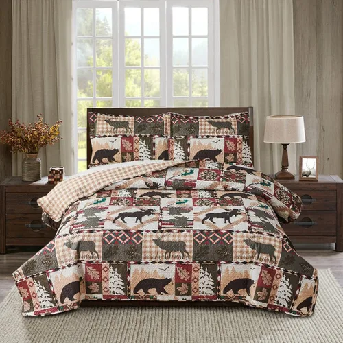 Miniatura 12 de Ycosy Juego de Edredón Rústico Lodge con Alce Ciervo Colcha Tamaño King Oso del Bosque Ciervo Edredón Verde Matcha Reversible Cubrecamas de Cabaña