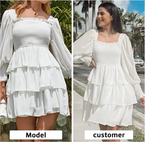 Miniatura 2 de Byinns Vestido de manga larga con volantes y cuello cuadrado para mujer, estampado floral, con lazo en la espalda, vestido mini con vuelo en capas