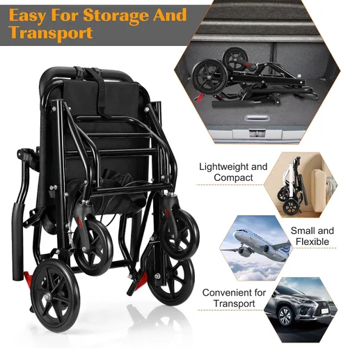 Miniatura 8 de Silla de ruedas ligera, silla de ruedas plegable portátil con frenos de mano de bloqueo, sillas de ruedas plegables para adultos y personas mayores